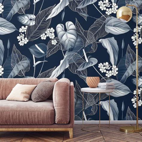 Floral Wallpaper Dark Navy Blue Peel And Stick Removable Or Etsy