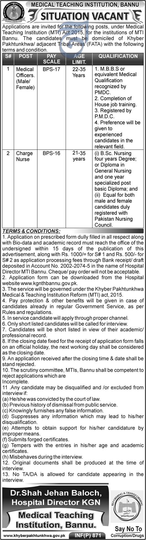 Medical Teaching Institute Mti Bannu Jobs Job Advertisement Pakistan