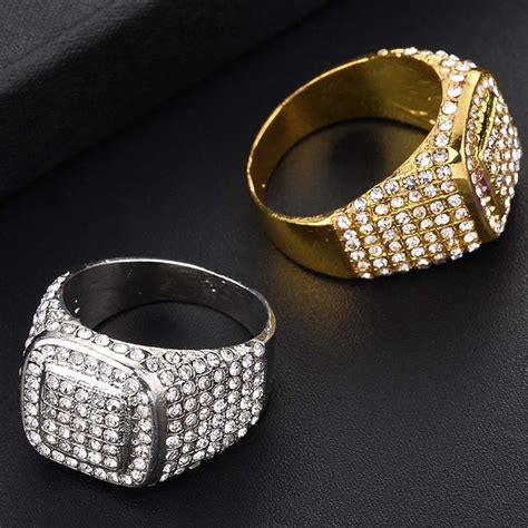 Hip Hop Bling Iced Out Square Crystal Ring Gold Color Stainless Steel