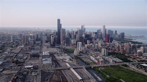 5k Stock Footage Aerial Video Following The Chicago River Toward Willis