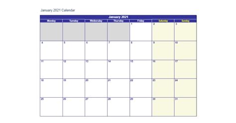 Blank Template January 2021 Calendar Excel 2021 Calendar