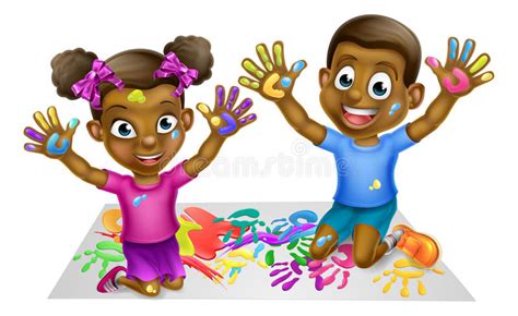 Black Kids Playing With Paints Stock Vector Illustration