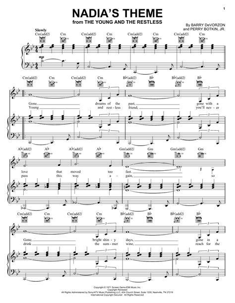 Nadias Theme Sheet Music Barry Devorzon And Perry Botkin Jr Piano Vocal And Guitar Chords