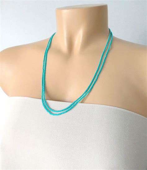 Long Dainty Beaded Turquoise Necklace Boho Necklace Aqua Etsy
