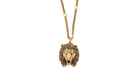 Gucci Lion Head Crystal Embellished Pendant Necklace In Metallic Lyst