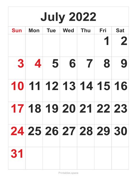 July 2022 Calendar Free Printables