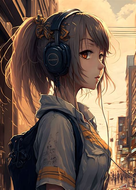 Anime Girl With Headphones Poster Picture Metal Print Paint By