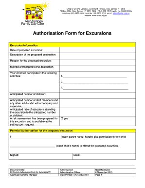 Fillable Online Asfdc Org Authorisation Form For Excursions Alice Springs Family Asfdc