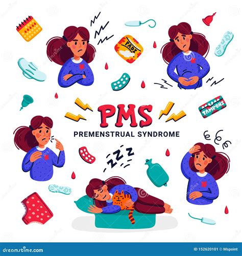 PMS Set Of Woman Suffering From Premenstrual Syndrome Stock Vector Illustration Of Pain