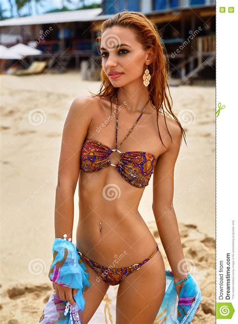 Summer Girl With Fit Bikini Body Relaxing On Beach Stock