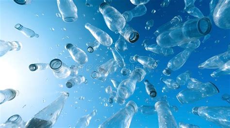 Plastic Bottles Floating In Clear Blue Sky Recycling Concept