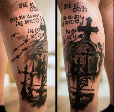 big black ink dramatic cemetery tattoo with lettering on leg tattooimages