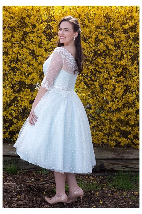Laura Tea Length Tulle Polka Dot Wedding Dress With Sleeve And Lace Detail