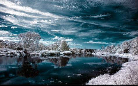 Landscape Negative Forest Lake Winter Hd Wallpaper