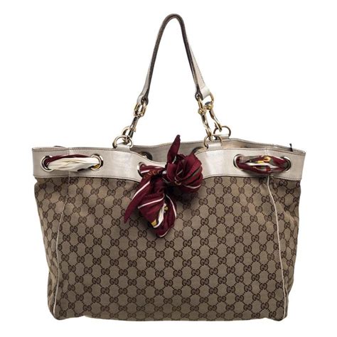 Gucci Beige Off White Gg Canvas And Leather Large Positano Scarf Tote For Sale At 1stdibs