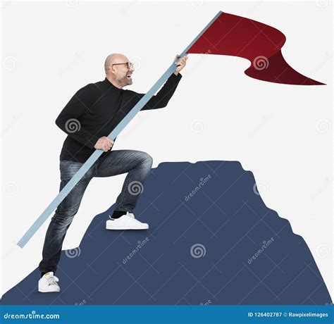 Man Holding A Flag On A Hill Stock Image Image Of Accomplished Reach