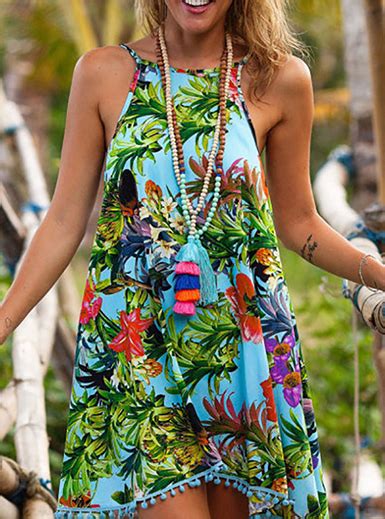 Beach Dress With Tassels Casual Tropical Themed Printed Green