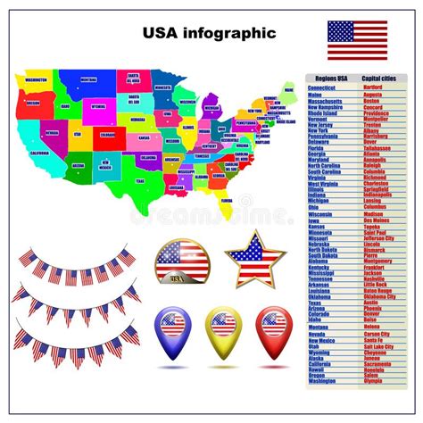 Map Of Usa With Regions And Flag Colorful Graphic Illustration With