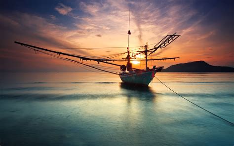 Ship At The Calm Sea Sunset Water Reflection Wallpaper