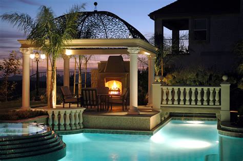 Raised Spa Pergola And Outdoor Fireplace Mediterranean Pool Los