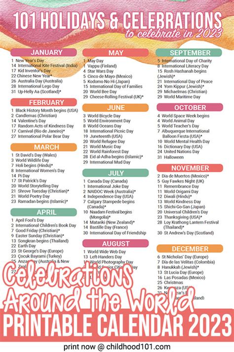 Printable Celebrations Around The World Calendar 2023