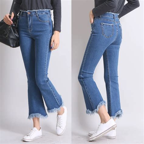 2016 Autumn New Design Jeans High Waist Ankle Length Denim Tassel Flare