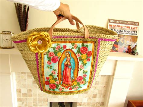 large straw bag mexican virgin of guadalupe woven market bag lady of gudalupe bag hand decorated