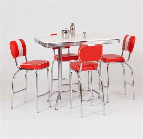 The four matching chairs have chrome legs, red vinyl seats, and white vinyl backrests. King Retro Bar Tall Table With A Rectangle White Chrome ...
