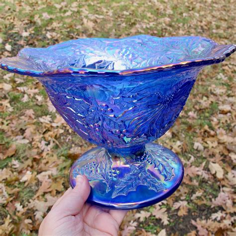 Fenton Limited Ed Blue Christmas Carnival Glass Compote Carnival Glass