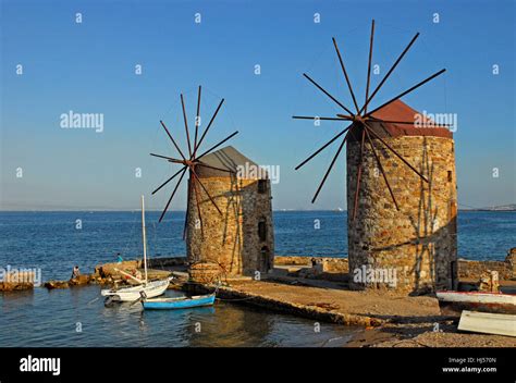 Windmills Of Chios Town Stock Photo Alamy