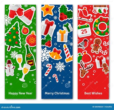 Merry Christmas Vertical Banners Set With Flat Sticker Icons Stock