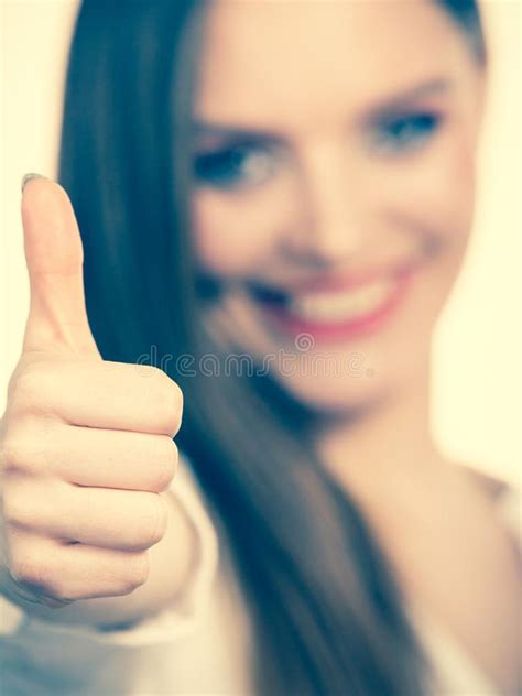 Happy Positive Brunette Woman Showing Thumb Up Stock Photo Image Of