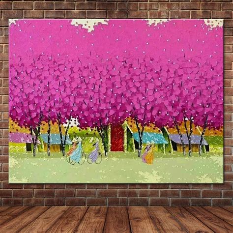 Hand Painted Abstract Art Palette Knife Pink Tree Landscape Oil