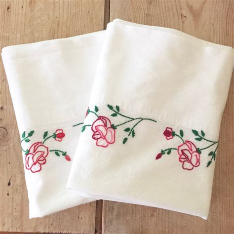 Vintage Embroidered Pillowcases Cotton Pillowcases Pair Of Hand