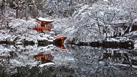 Japan Temple Snow Winter Reflection Pond Kyoto Wallpapers Hd Desktop And Mobile Backgrounds
