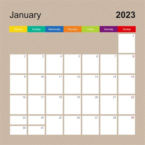 Premium Vector Calendar Page For January 2023 Wall Planner With