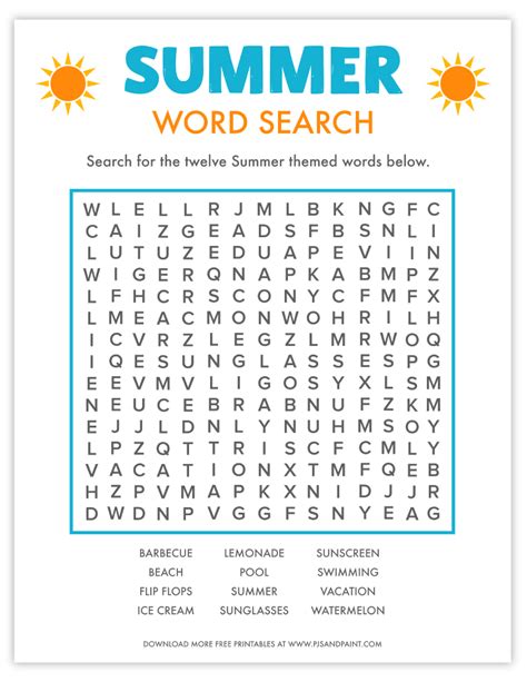 Free Printable Summer Word Search Pjs And Paint