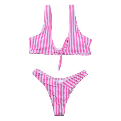 Trynna Biquini 18 Pink Stripes Bikini Swimsuit With Bow Tie Two Piece