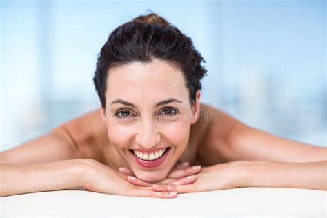 Smiling Brunette Relaxing On Massage Table Stock Photo Image Of Body Alternative
