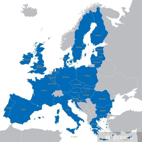 Poster Blauwe Kaart Van De Europese Unie Met Alle Namen Van De Landen