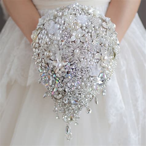 Luxurious Wedding Accessories Brooch Bouquet Ivory Gray Crystal Wedding