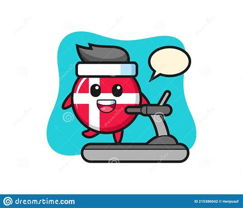 Denmark Flag Badge Cartoon Character Walking On The Treadmill Stock