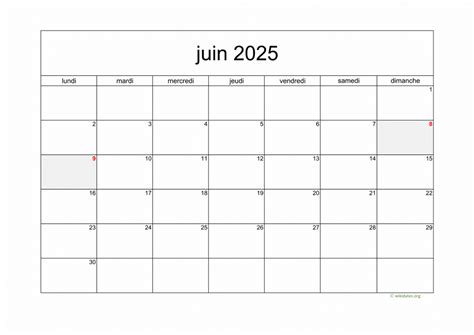 Calendrier Juin 2025