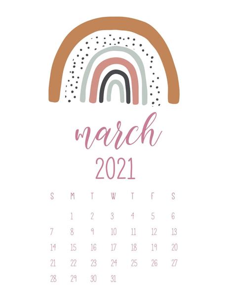 The March 2021 Calendar With A Rainbow And Stars On Its Front Cover