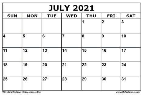 July 2021 printable calendar with holidays is the first calendar we want to share to you. Free Printable July 2021 Calendar : 24x7calendars.com