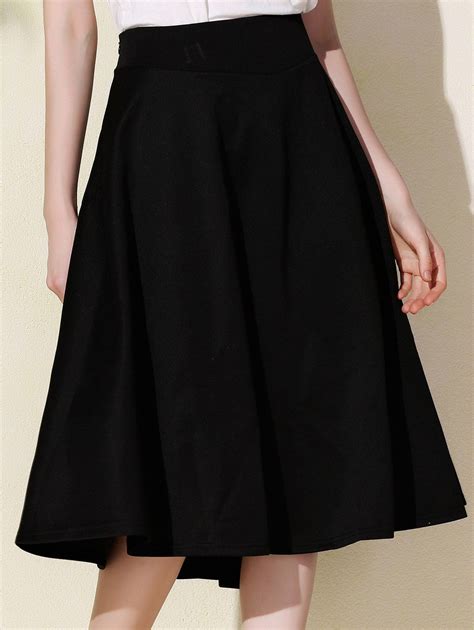 2018 Stylish High Waisted A Line Solid Color Womens Midi Skirt Black M