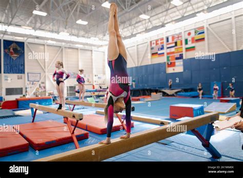 Girl Doing Handstand On Balance Beam In Gym Stock Photo Alamy