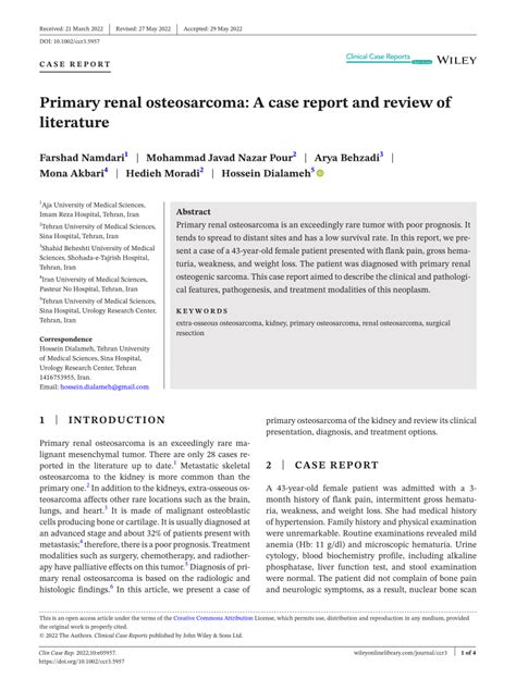 Pdf Primary Renal Osteosarcoma A Case Report And Review Of Literature