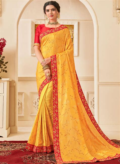 Buy Online Poly Silk Yellow Patch Border Designer Traditional Saree 129746