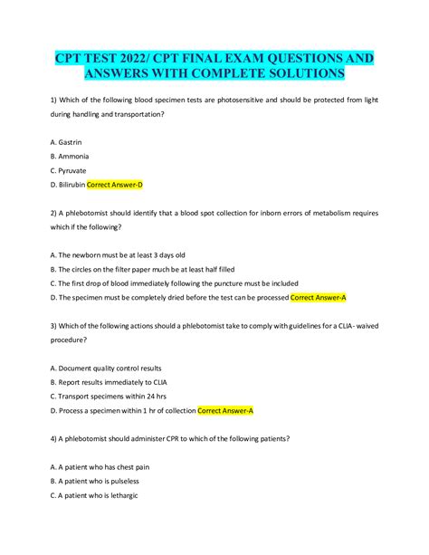 Cpt Test 2022 Cpt Final Exam Questions And Answers With Complete